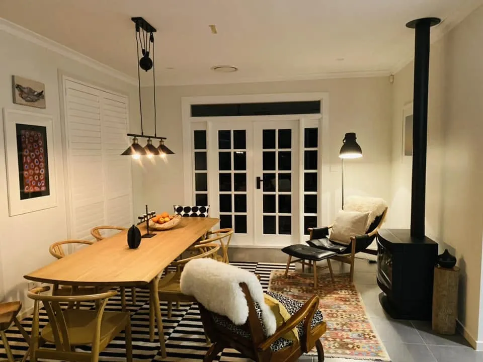 White timber French doors with glass panels in a dining room